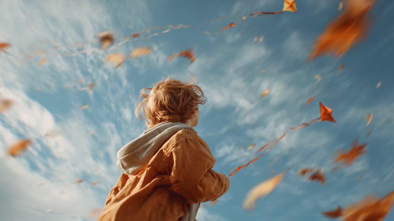 A Serene Moment of Childhood: A Young Child with Golden Locks Enjoying the Joyful Experience of Flying Kites Amidst a Colorful Autumn Sky Filled with Dancing Leaves