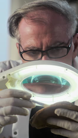 archaeologist examining an artifact under a magnifying glass