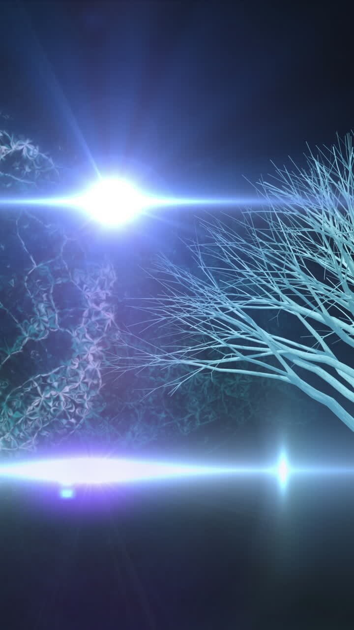 Animazione di un cervello che ruota su sfondo nero con luci e un albero