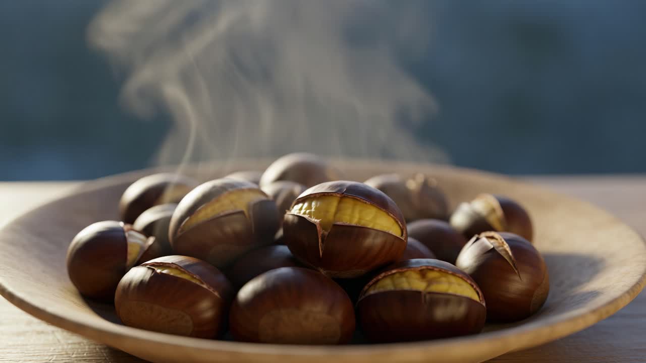 A Close-Up of Steaming Chestnuts Piled on a Wooden Plate, Perfectly Roasted to Perfection, Ideal for Fall and Winter Snacking, Bursting with Flavor and Aroma