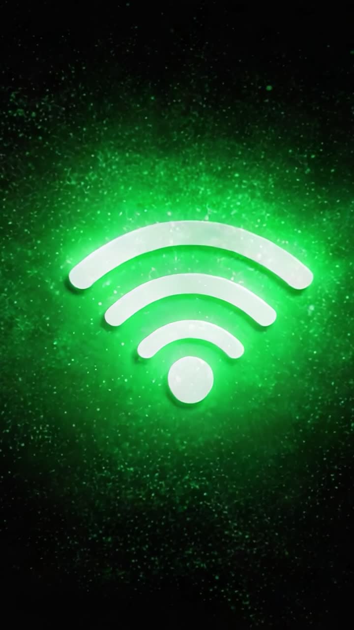 Un'icona di segnale wireless verde vibrante che risplende su uno sfondo cosmico, rappresentando connettività e tecnologia in un'ambientazione futuristica.