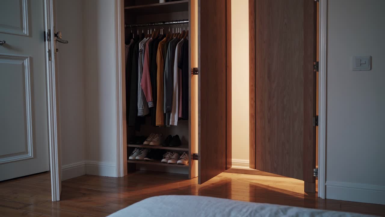 Un'accogliente scena di una camera da letto catturata ad altezza occhi, incentrata su un armadio aperto con vestiti e scarpe