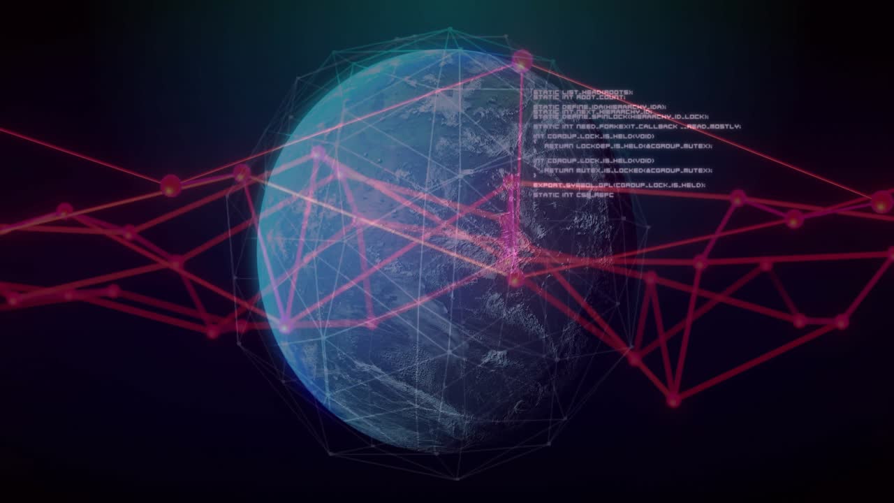 Earth rotating in 3D wireframe sphere, sending red lines connecting glowing nodes over code overlay