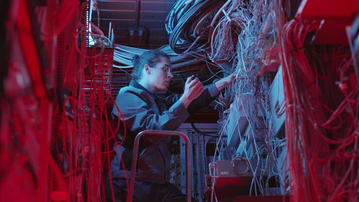 Tekniker arbejder i serverrum i datacenter