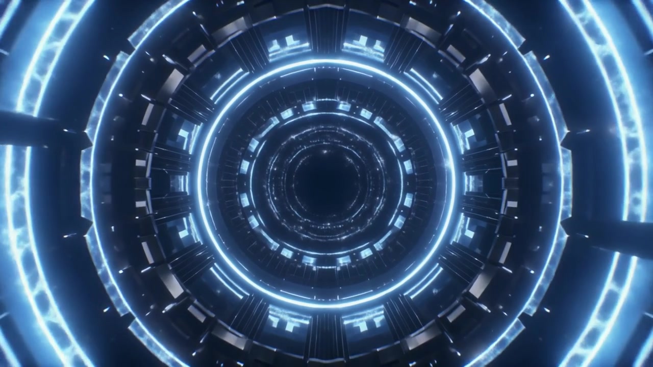 Tunnel fantascientifico futuristico con luci circolari blu luminose