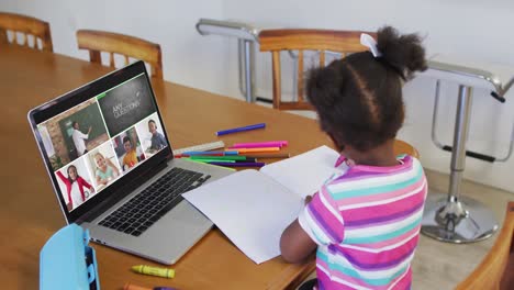 Schoolgirl-using-laptop-for-online-lesson-at-home,-with-diverse-teacher-and-class-on-screen