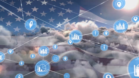 animation of network of connections with icons over flag of united states of america and clouds