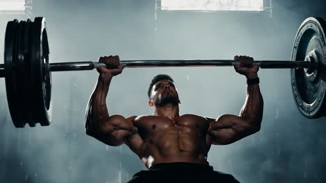 a muscular man lifting a barbell during a bench press workout in a gym.