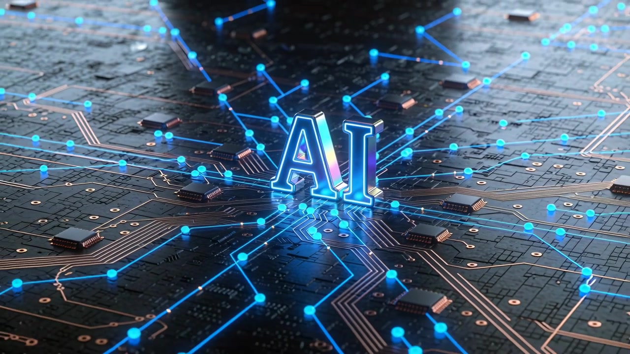 Pulsing metal AI emblem sending blue node pulses across dark circuit board, forming rising network