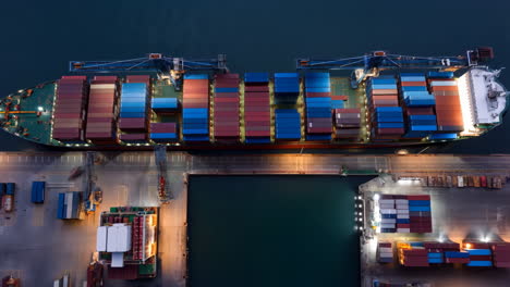aerial view of a cargo ship at a busy port at night