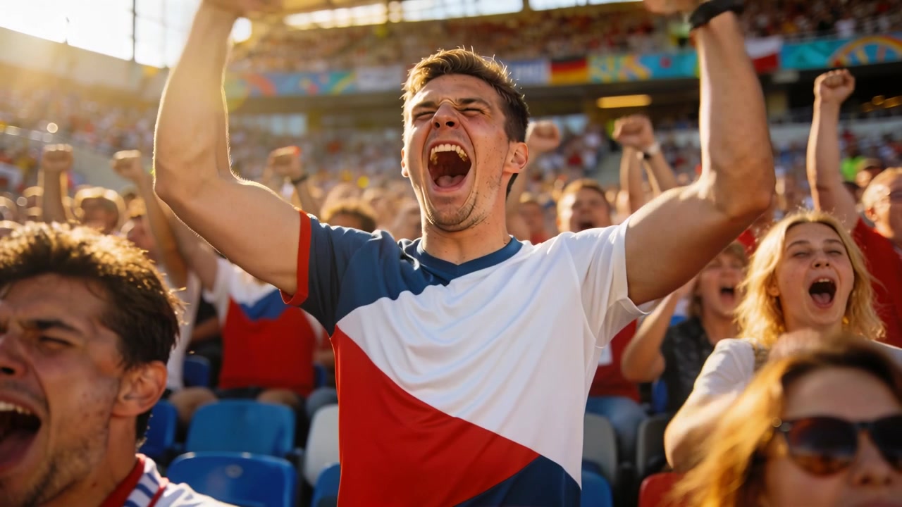 Hombre reaccionando a un momento del partido, vistiendo una camiseta roja, blanca y azul, animando en el estadio con pancartas.