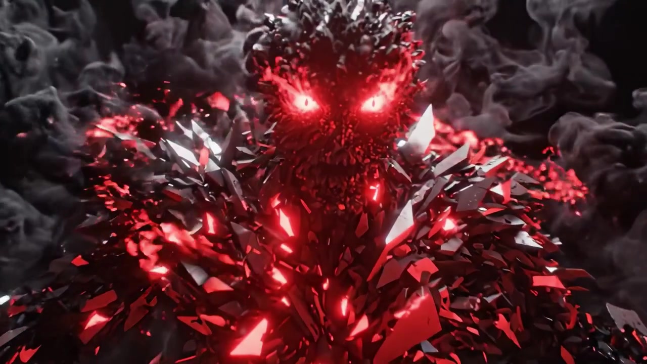 Une transformation saisissante se produit alors qu'une figure menaçante émerge d'une fumée tourbillonnante, présentant un jeu captivant de lumière et d'ombre avec une texture intrigante et des caractéristiques rouges incandescentes
