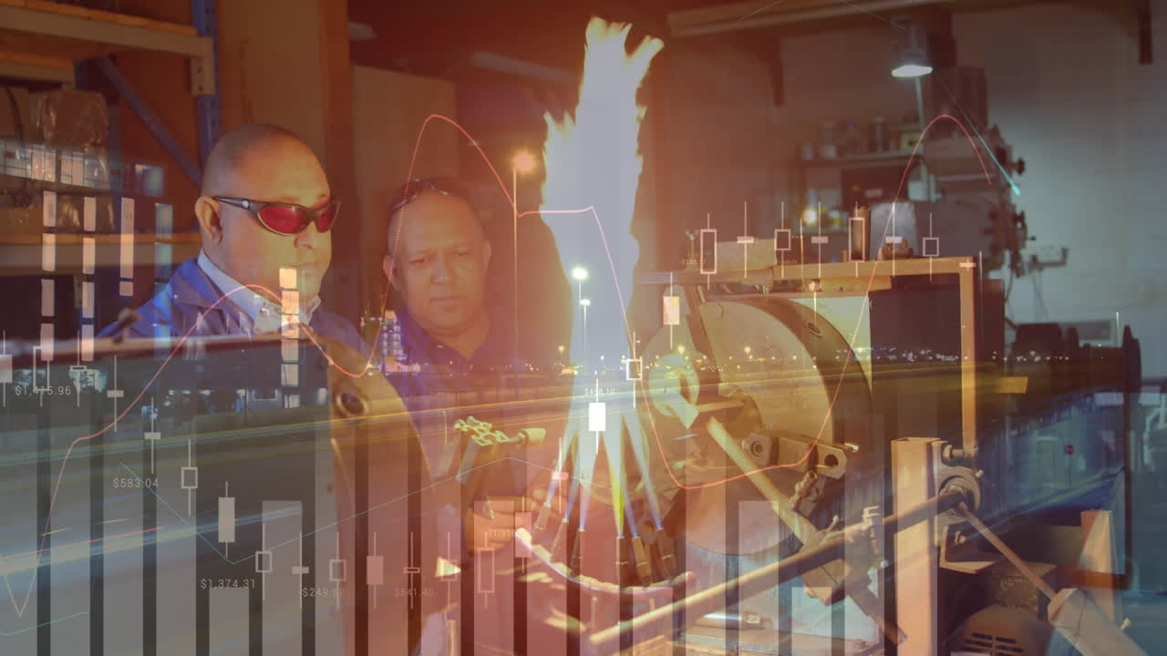 금융 데이터 처리 및 다양한 작업자의 애니메이션 도시 풍경에 대한 워크