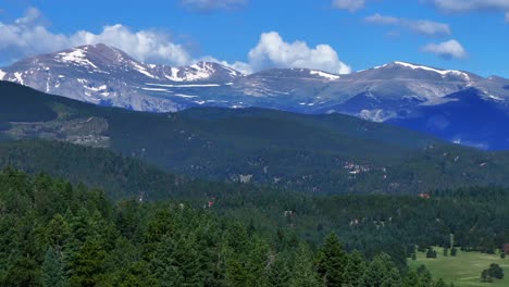 Spring-Summer-Mount-Blue-Sky-Evans-aerial-drone-parallax-backwards-motion-Conifer-Evergreen-Colorado-snowmelt-sunny-morning-Rocky-Mountains-landscape-North-Turkey-Creek-Marshdale-Forest-Open-Space