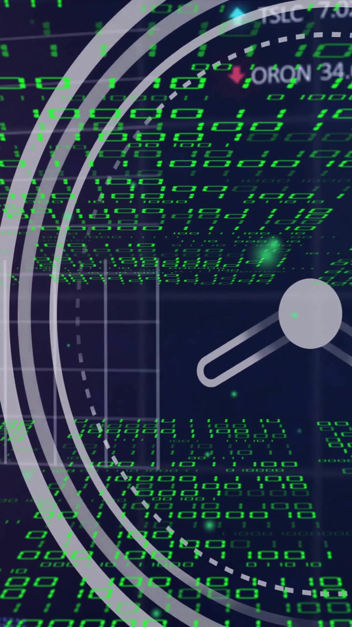 Animation of moving clock over data processing on black background