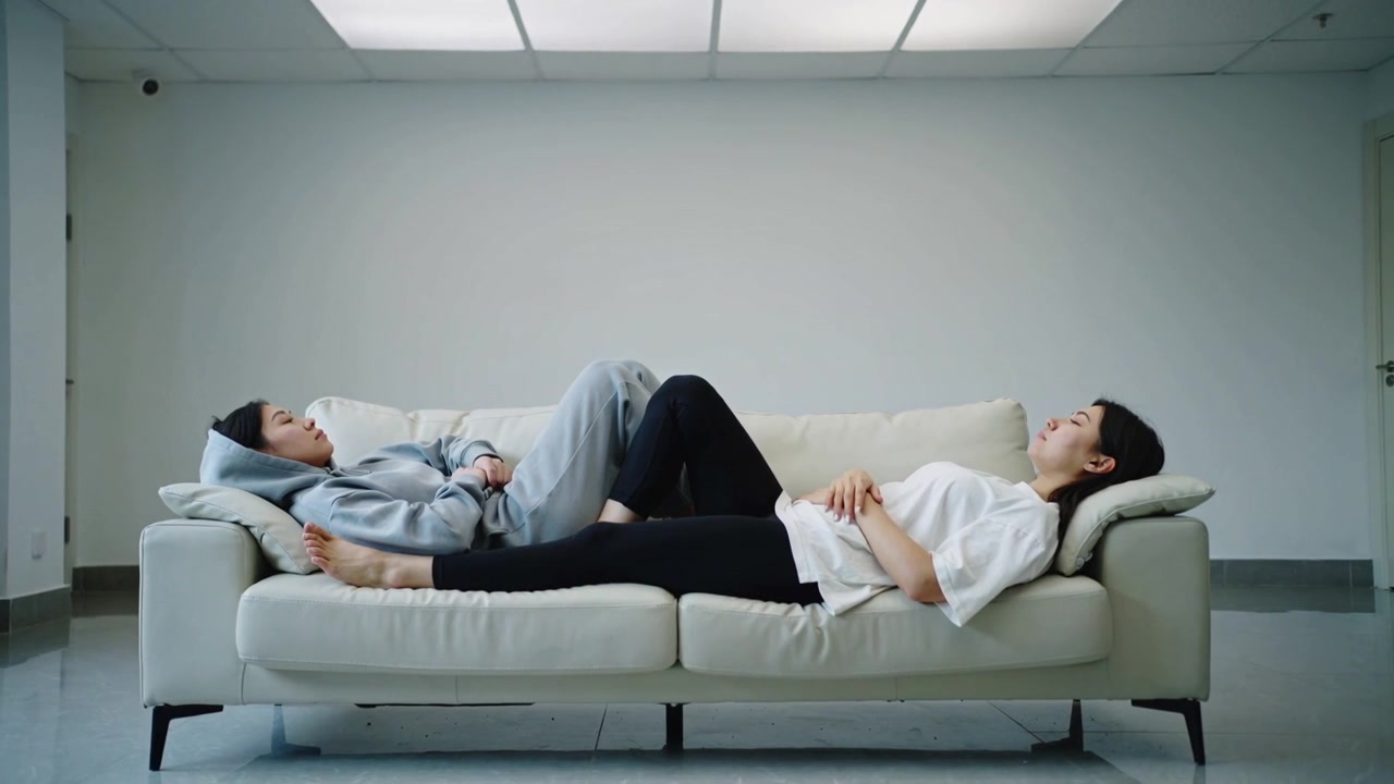 Recording starting showing two adults lying on sofa in lounge, wearing loungewear and relaxing