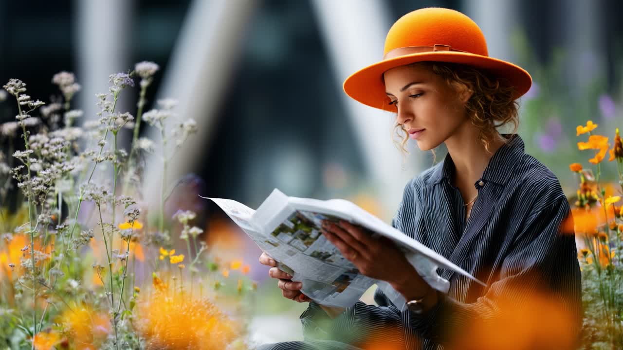 A thoughtful young woman in an orange hat reading a newspaper surrounded by a vibrant array of wildflowers, capturing a serene moment of reflection in a blooming garden