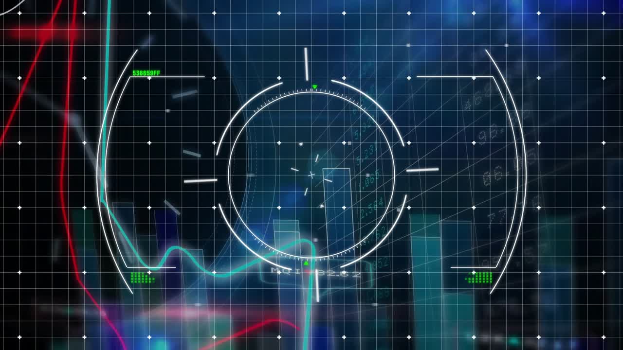 Upon activation reticle rotating while red and cyan waveforms pulsing to visualize system metrics