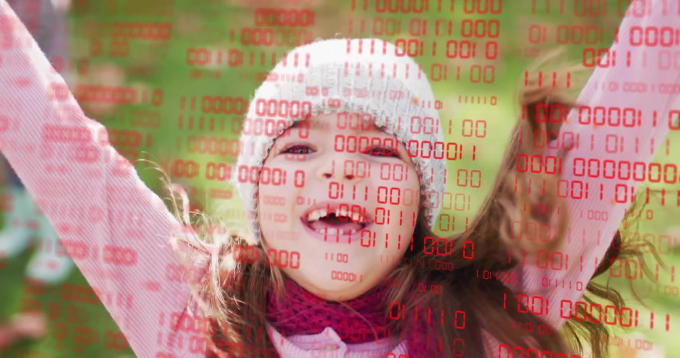 Girl speaking to camera raising arms skyward expressing delight as binary code and leaves swirling