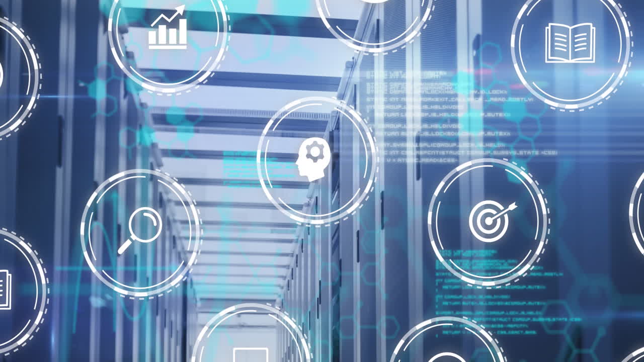 아이콘의 애니메이션과 컴퓨터 서버를 통한 연결과 함께 데이터 처리