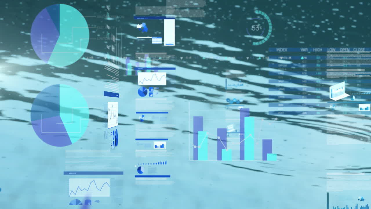 Data charts and graphs animation over abstract blue and white background
