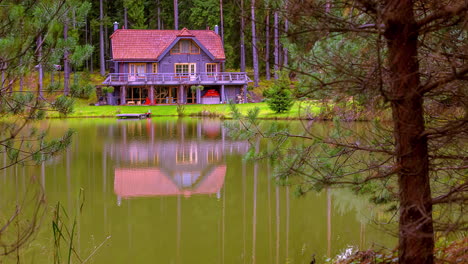 forest residence reflection on calm lake water, slider motion view