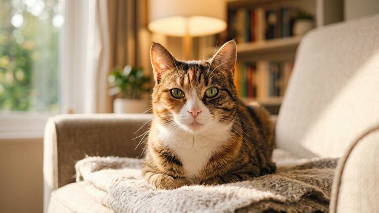 Tabby cat resting on cozy sofa indoors with warm lamp light and home interior background