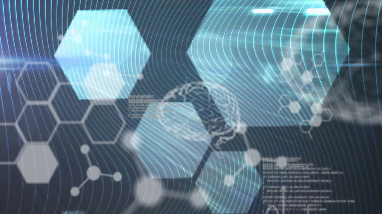 의료 데이터 처리, 인간 뇌, 분자 및 화학 화합물 구조의 애니메이션