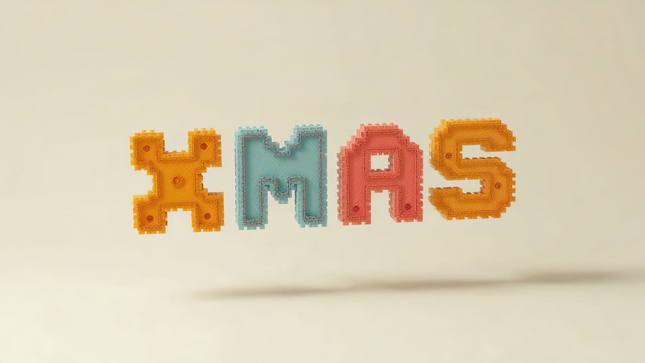 Rising XMAS letters as frames begin in studio, settling to alignment with peg details and shadow