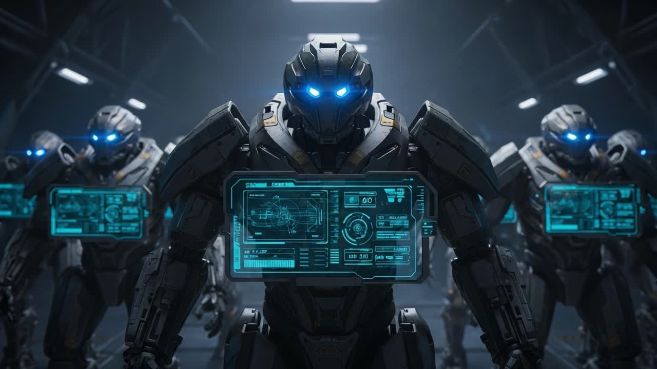 A Squad of Advanced Mecha Warriors Assembled in a High-Tech Hangar, Showcasing Futuristic Armor, Visually Striking Displays, and Radiant Blue Eyes in a Dramatic Setting