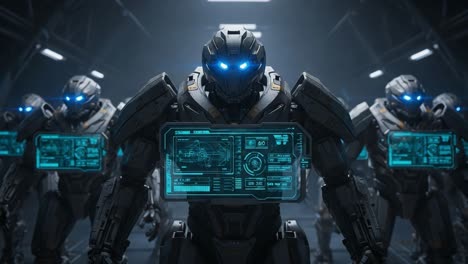 a squad of advanced mecha warriors assembled in a high-tech hangar, showcasing futuristic armor, visually striking displays, and radiant blue eyes in a dramatic setting