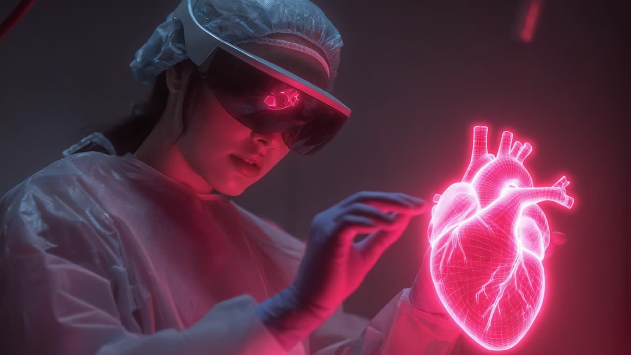 A medical professional utilizes augmented reality technology to analyze a holographic human heart, showcasing advancements in healthcare and surgical practices