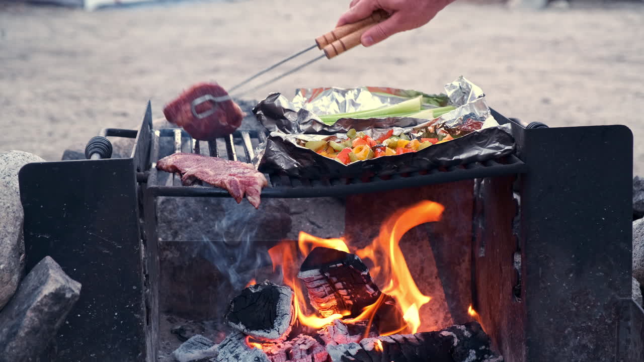 bistec y verduras a la parrilla sobre una fogata al aire libre, en tiempo real