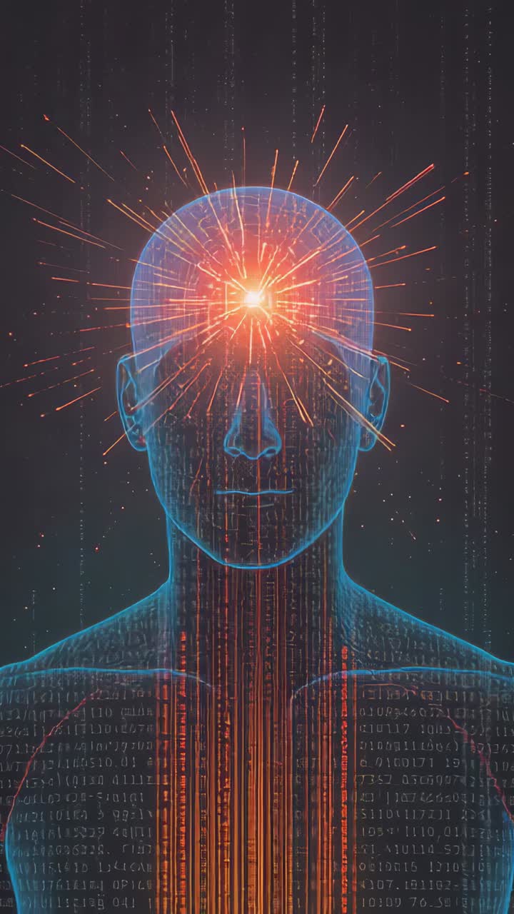 Vertical video: Sparking brow node starting hologram sending bars over chest in dark, showing bits