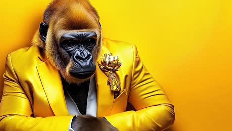 a gorilla in a yellow suit with a crown on his head