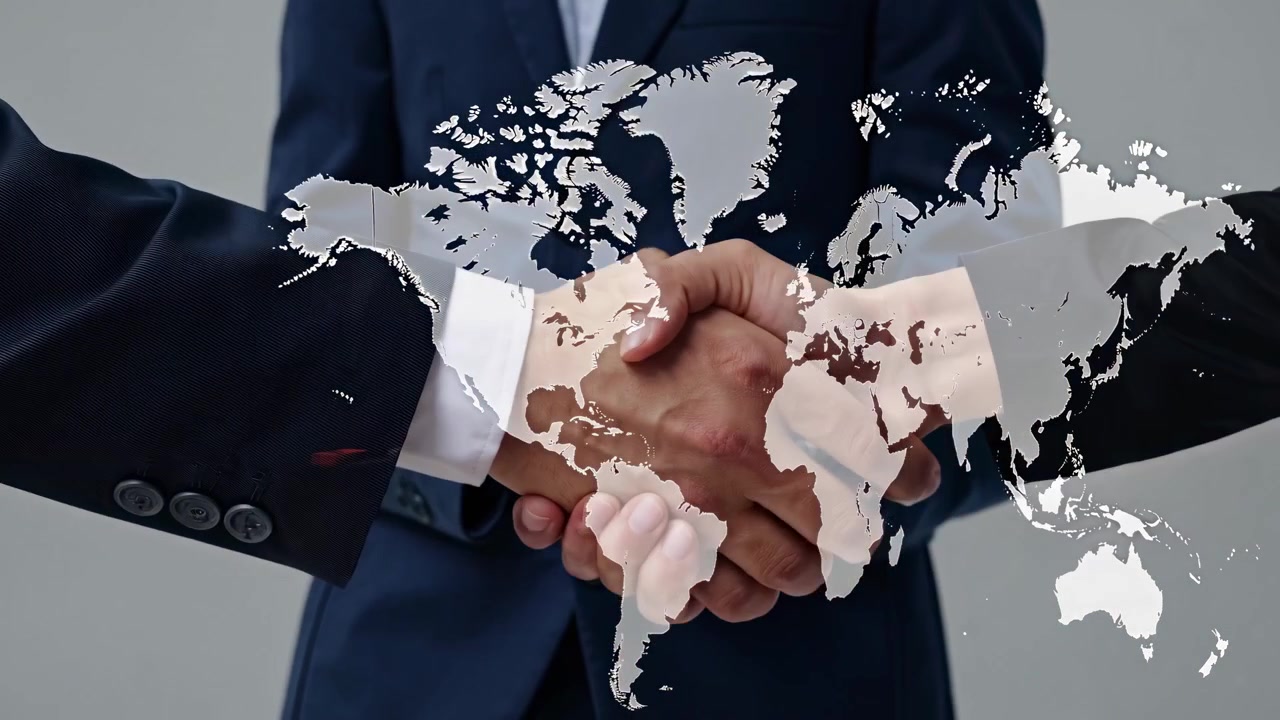 Jabat Tangan Bisnis Global dengan Hamparan Peta Dunia