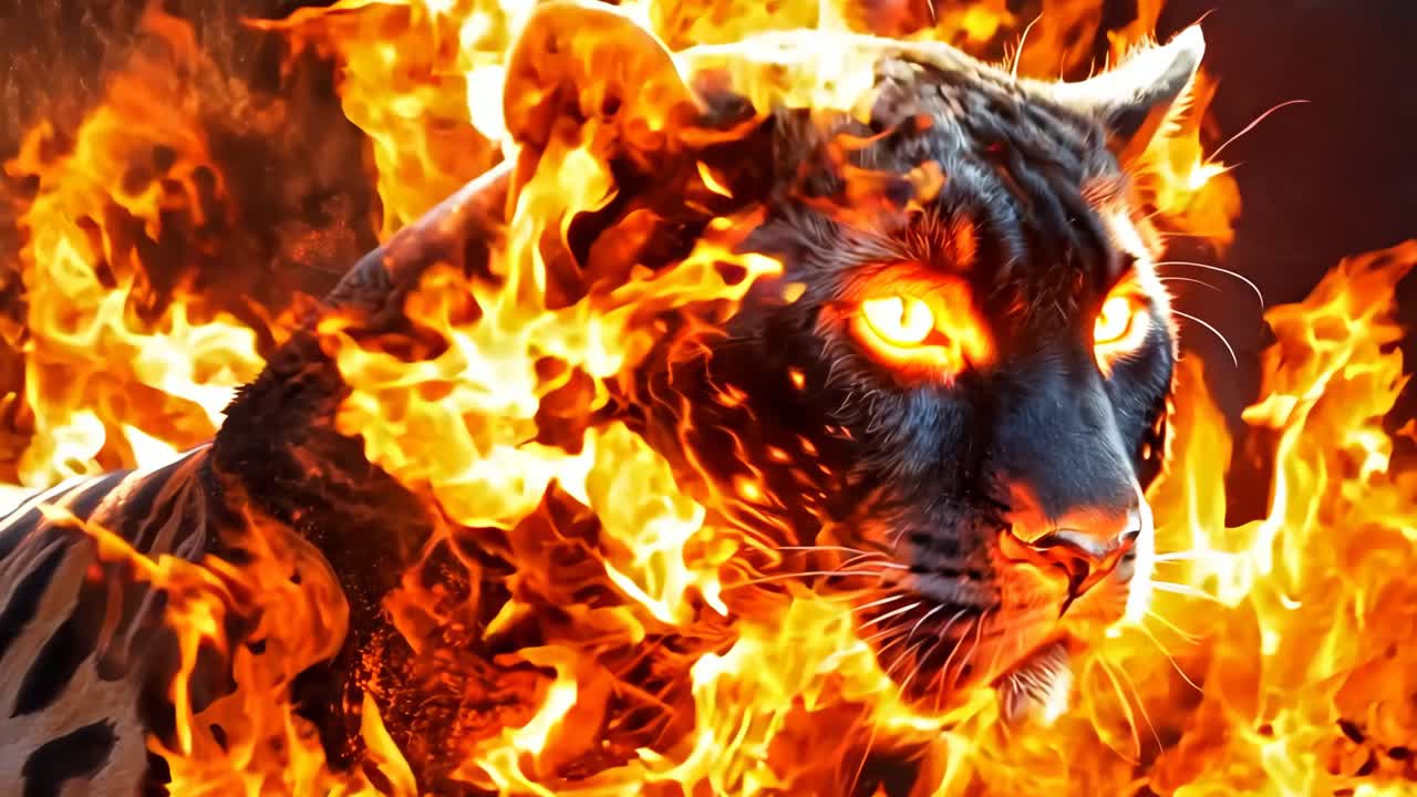 una pantera negra con llamas de naranja en su cara