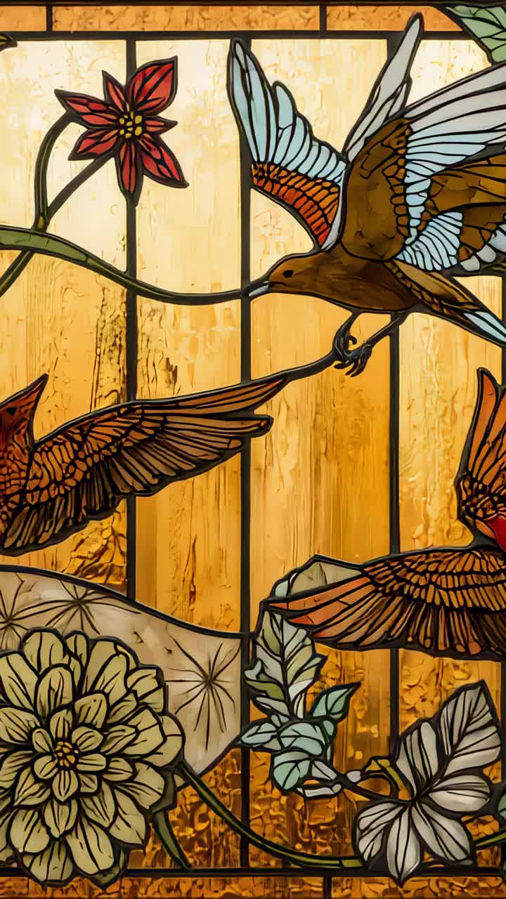 Vertical video: Drifting and zooming camera across leaded panel inside, showing bird wing details