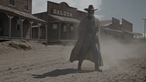 cowboy walking down a dusty western street