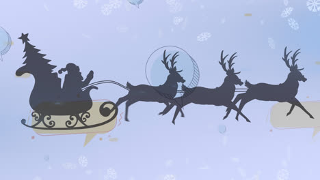 Santa-claus-in-sleigh-being-pulled-by-reindeers-over-speech-bubbles-and-snowflake-on-blue-background