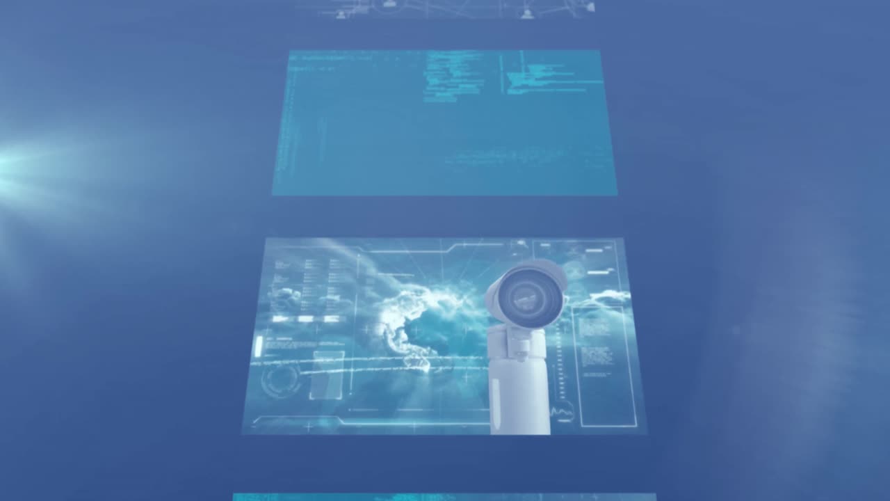 animación de pantallas con procesamiento de datos y punto de luz contra fondo azul