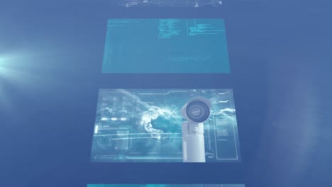 Animation of screens with data processing and light spot against blue background