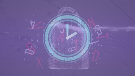 Animation-of-clock-over-data-processing-on-purple-background