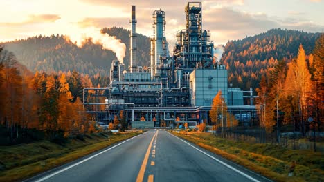 a large industrial plant sits on a road surrounded by trees. the road is empty and the sky is cloudy