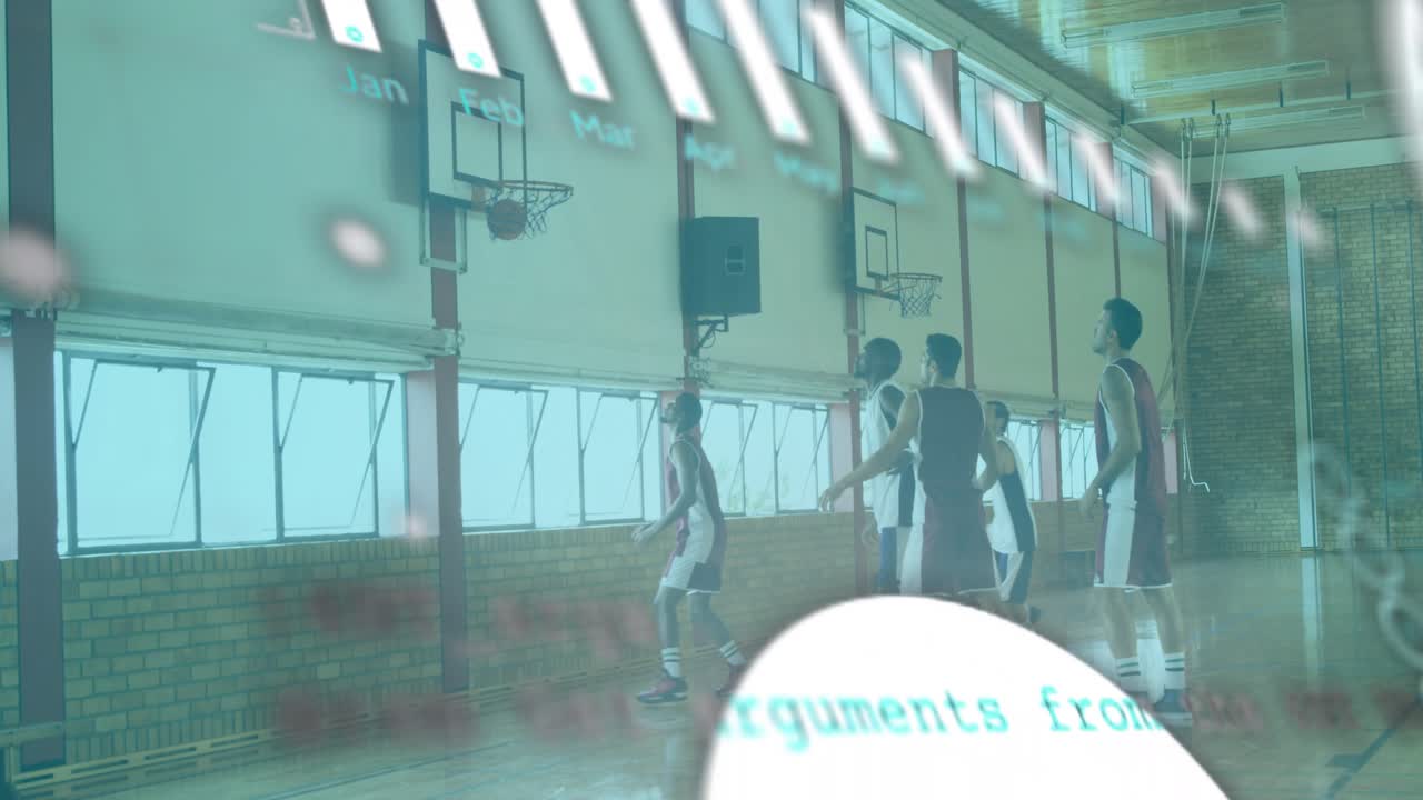 Player dribbling, driving, shooting to score, animated chart overlay moving across school gym