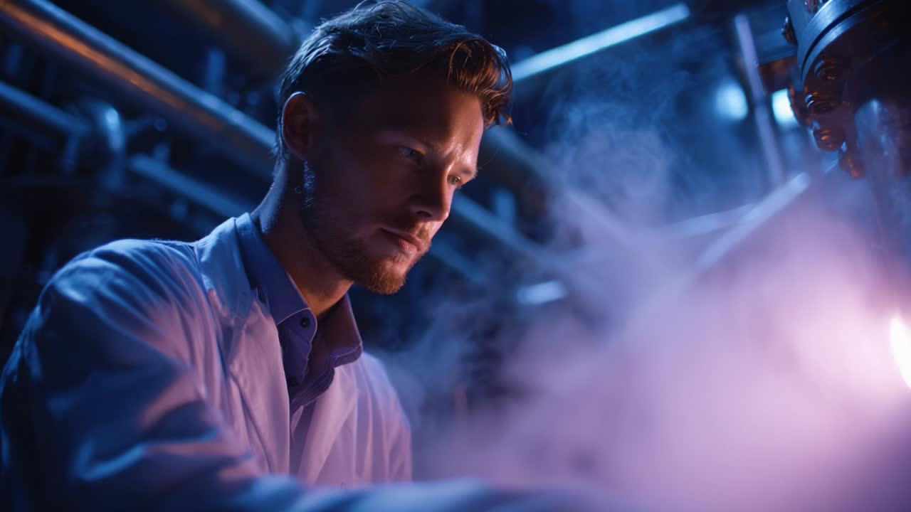 A focused scientist in a lab setting examines an experiment surrounded by dense fog. The image captures the intricate interplay of light and shadow while the scientist observes the reactions closely