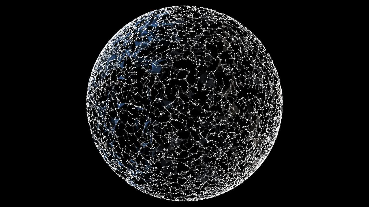 Minimalistic sphere of white round particles and plexus network rotating on black background.