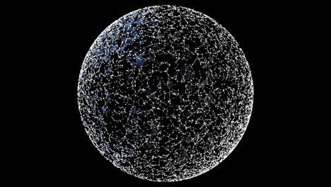 minimalistic sphere of white round particles and plexus network rotating on black background.