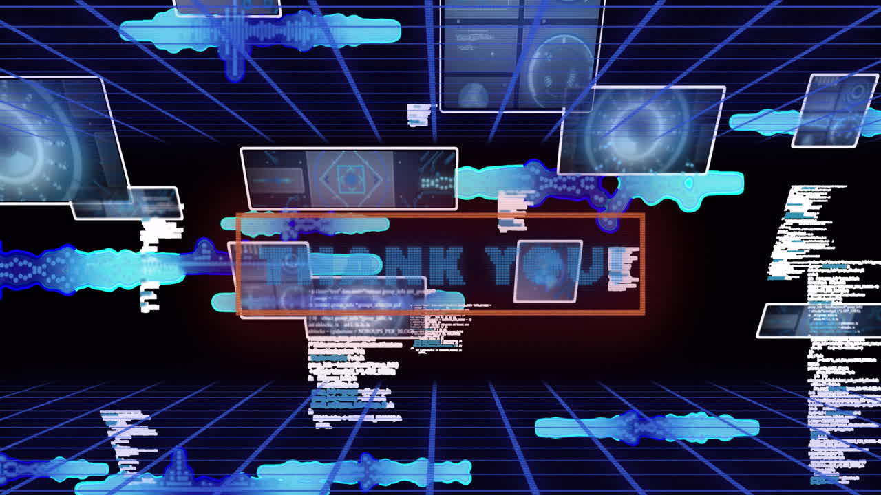 Animation of thank you in digital abstract space with screens and diverse data