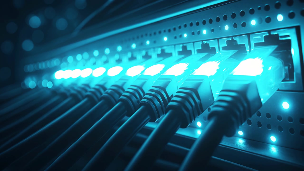 Network Switch with Ethernet Cables and Blinking Blue Lights